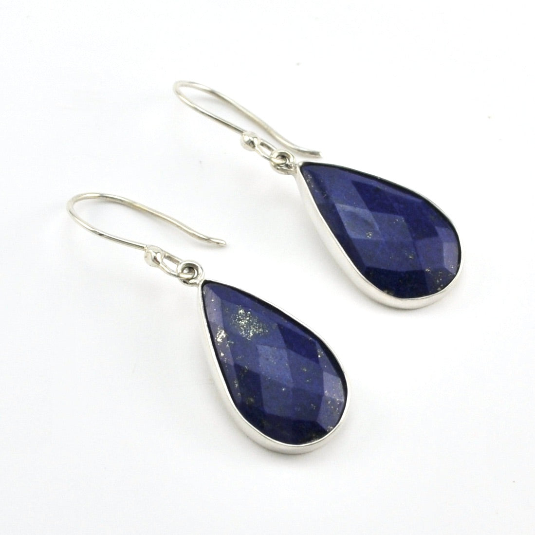 Silver Lapis Faceted Tear Dangle Earrings