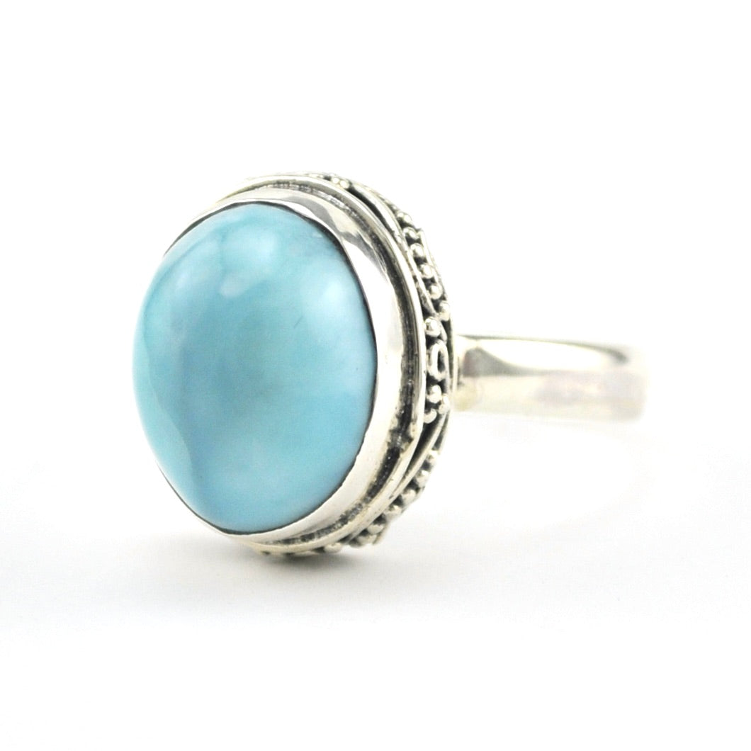 Silver Larimar 10x12mm Oval Bali Ring