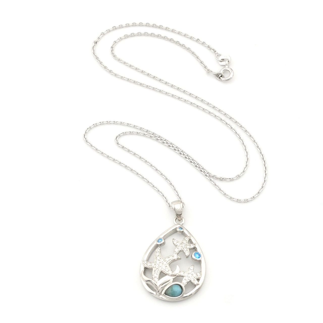 Silver necklace with a teardrop-shaped pendant featuring a horse design on a white background