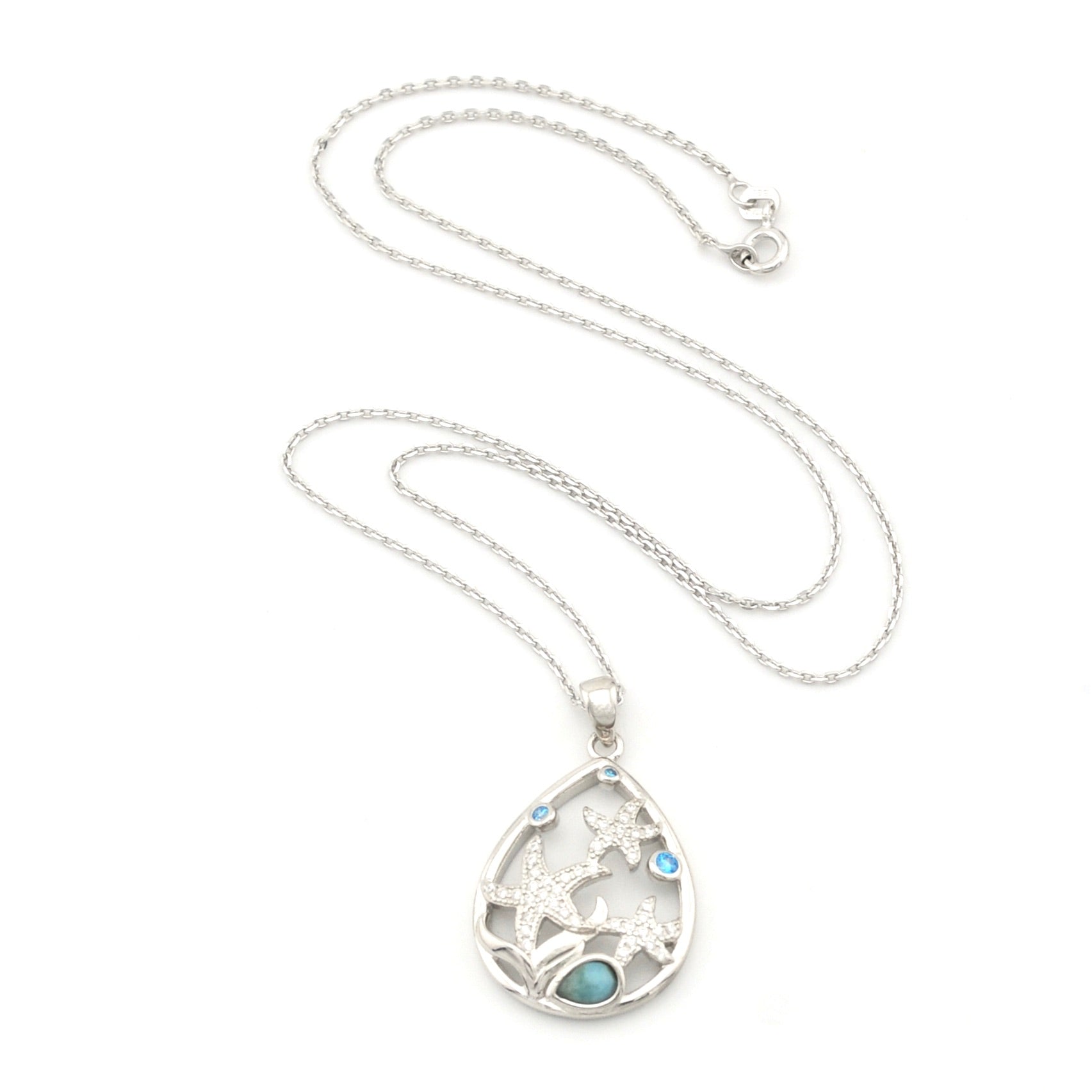 Silver necklace with a teardrop-shaped pendant featuring a horse design on a white background