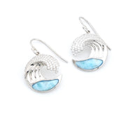 Silver earrings with blue wave design on a white background