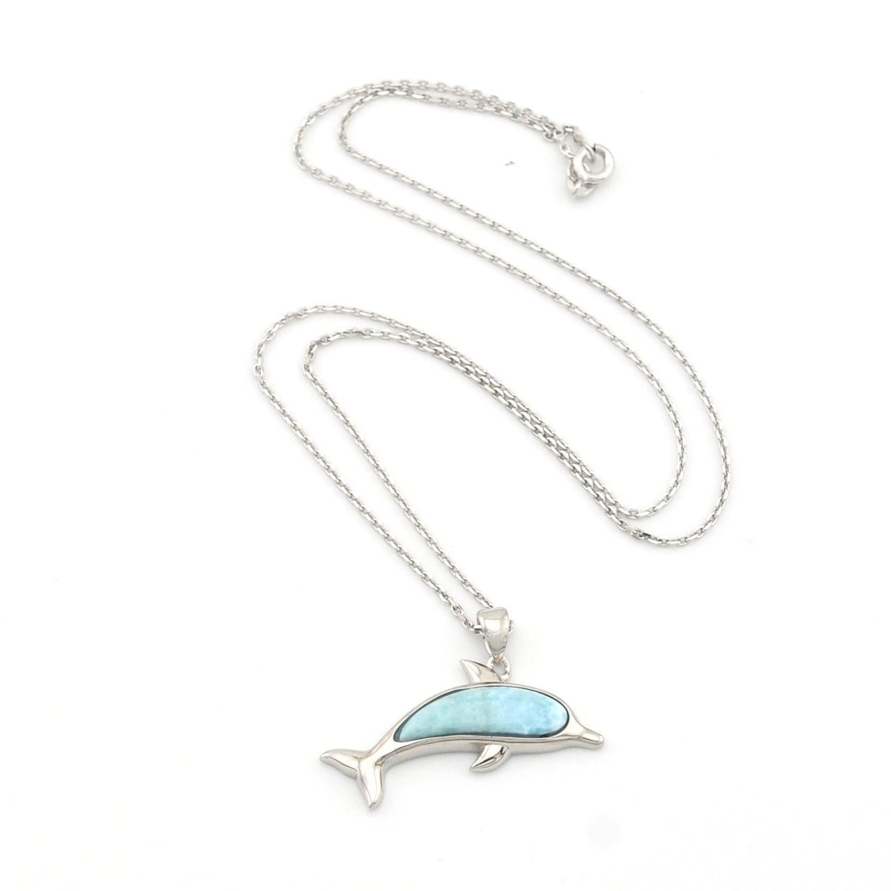 Dolphin-shaped pendant with blue stone on a silver chain against a white background