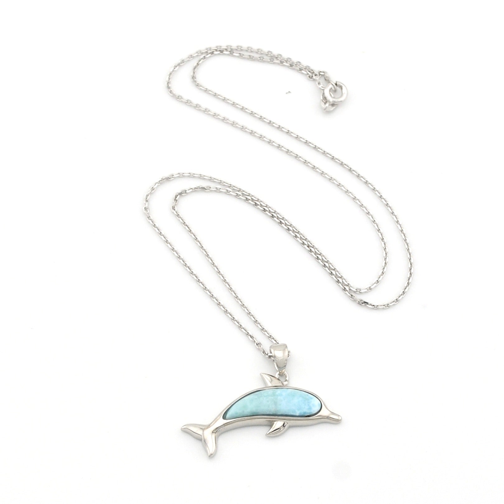 Dolphin-shaped pendant with blue stone on a silver chain against a white background