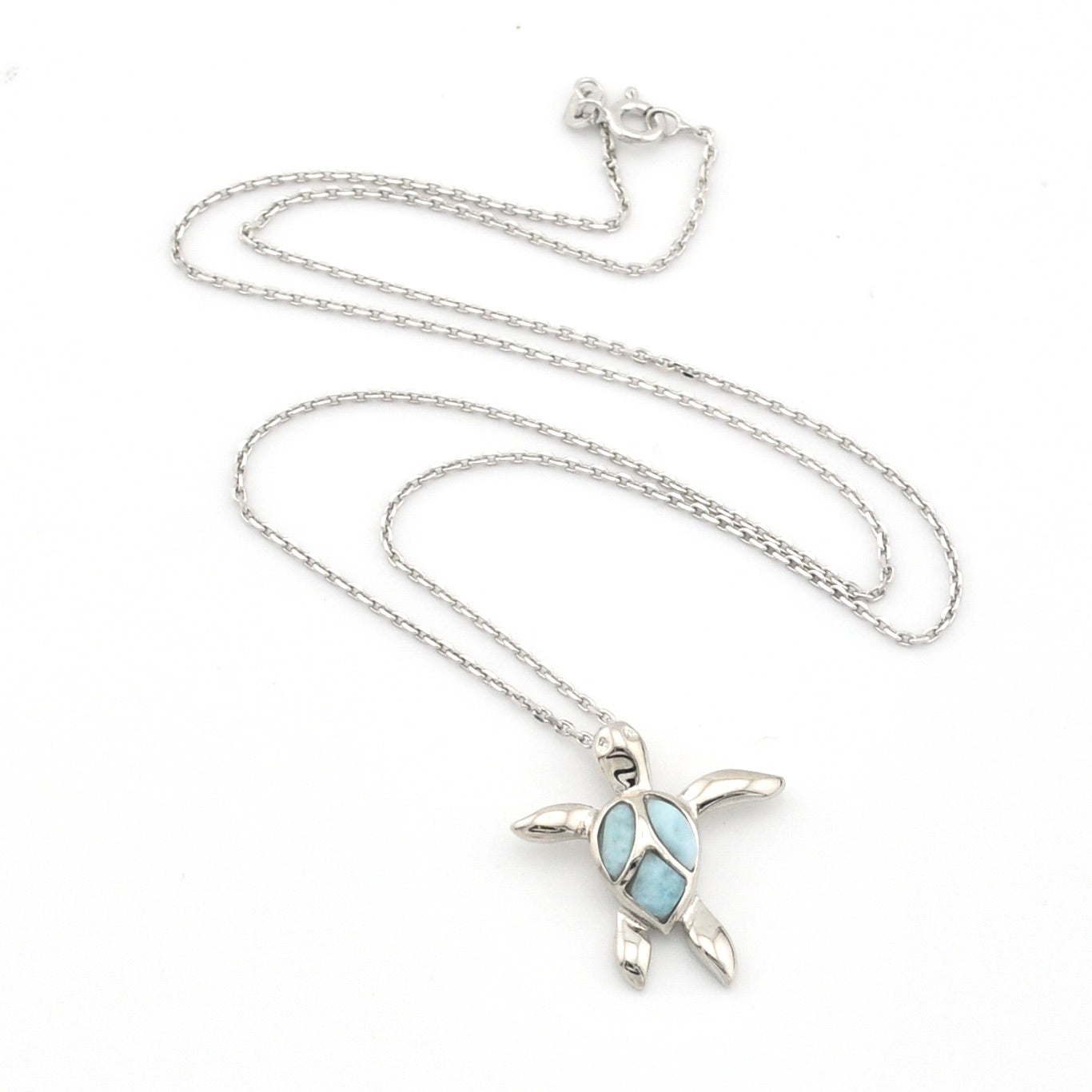 Silver turtle pendant necklace with a blue stone on a white background