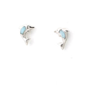 Pair of silver earrings with light blue gemstones on a white background