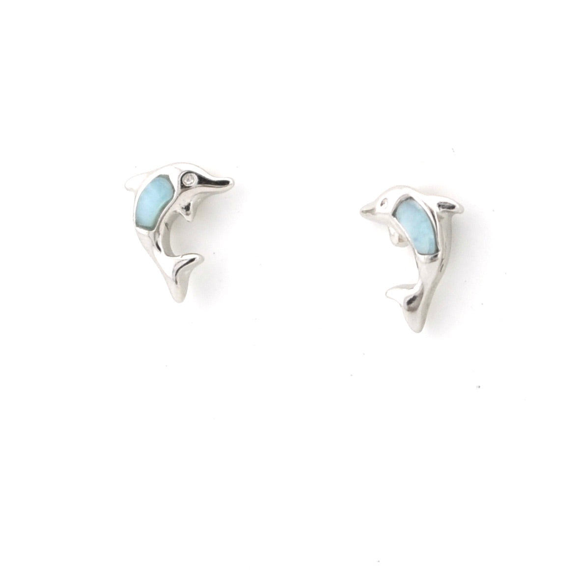 Pair of silver earrings with light blue gemstones on a white background