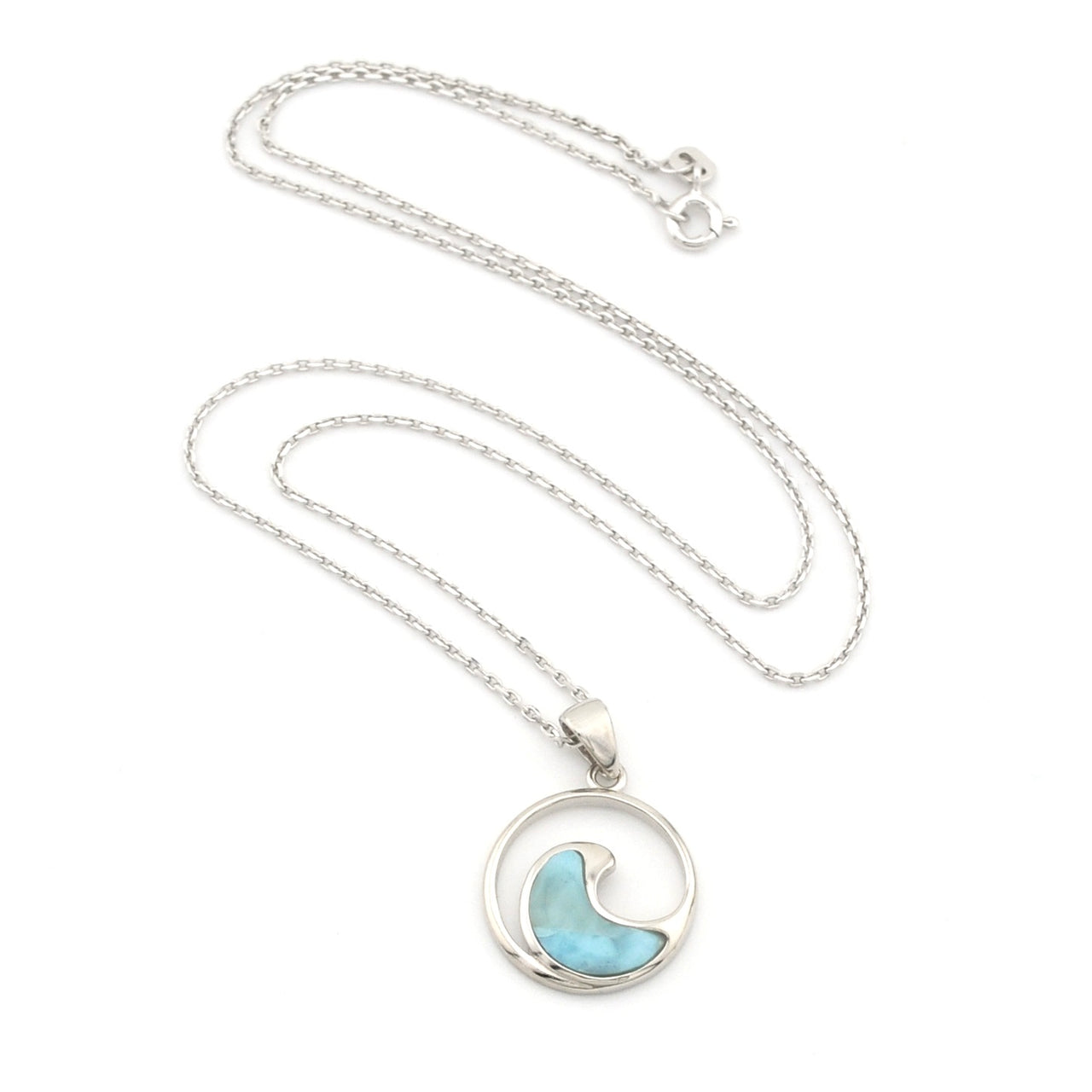 Necklace with a circular pendant featuring a blue wave design on a white background