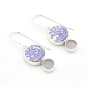 Silver Lavender Vintage Porcelain Sea Glass Dangle Earrings on white background