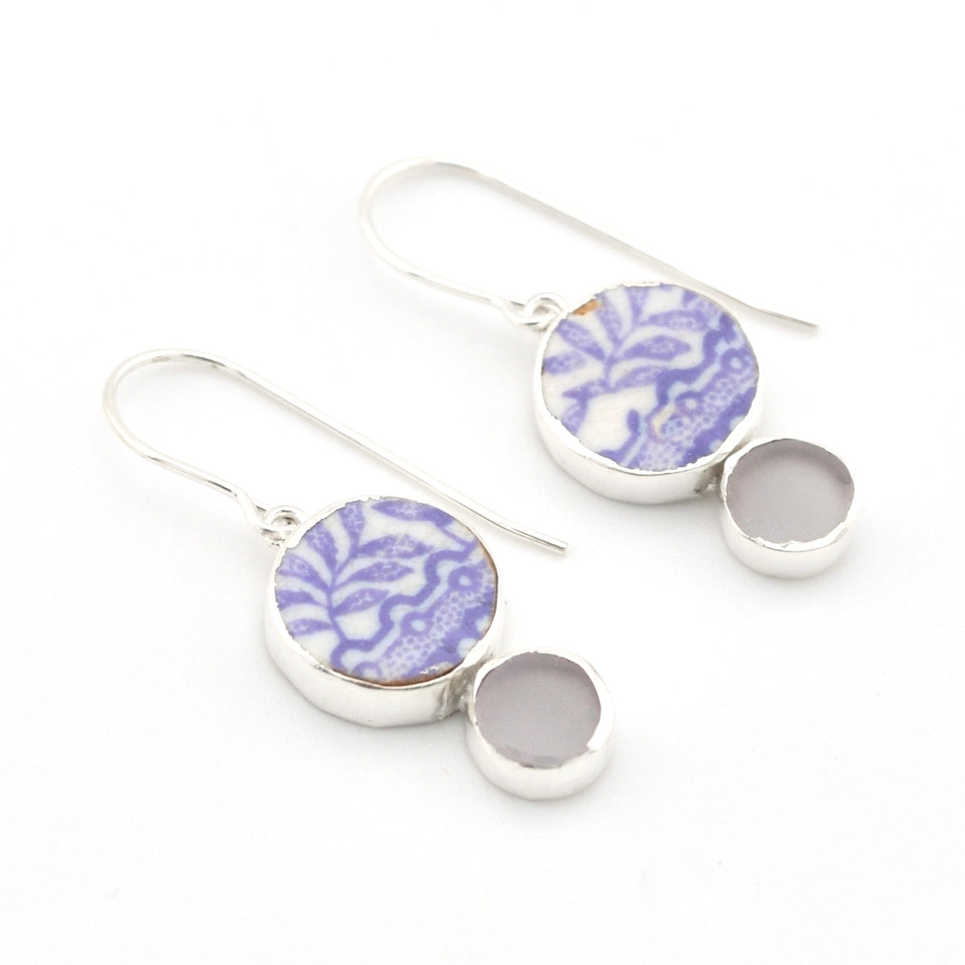Silver Lavender Vintage Porcelain Sea Glass Dangle Earrings on white background