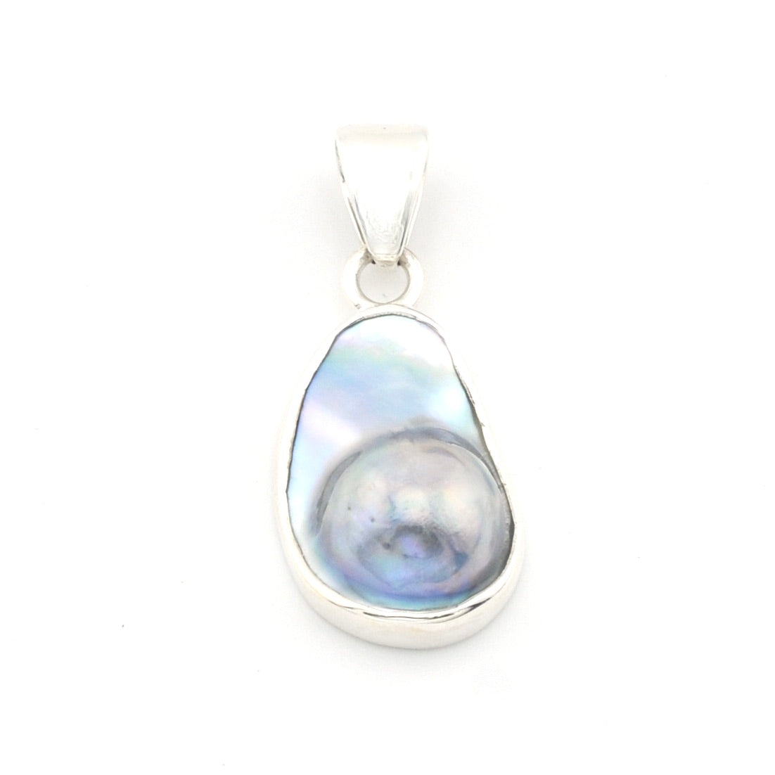 Teardrop-shaped pearl pendant on a white background