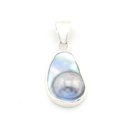 Teardrop-shaped pearl pendant on a white background