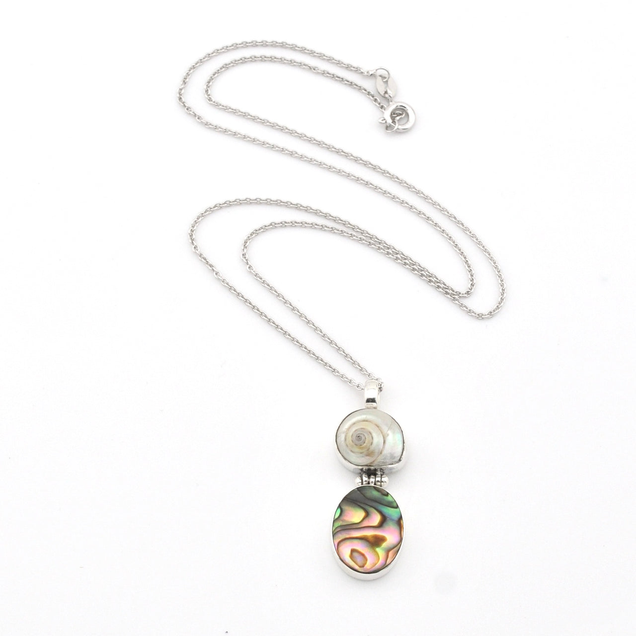 Necklace with a pendant featuring a multicolored stone on a white background