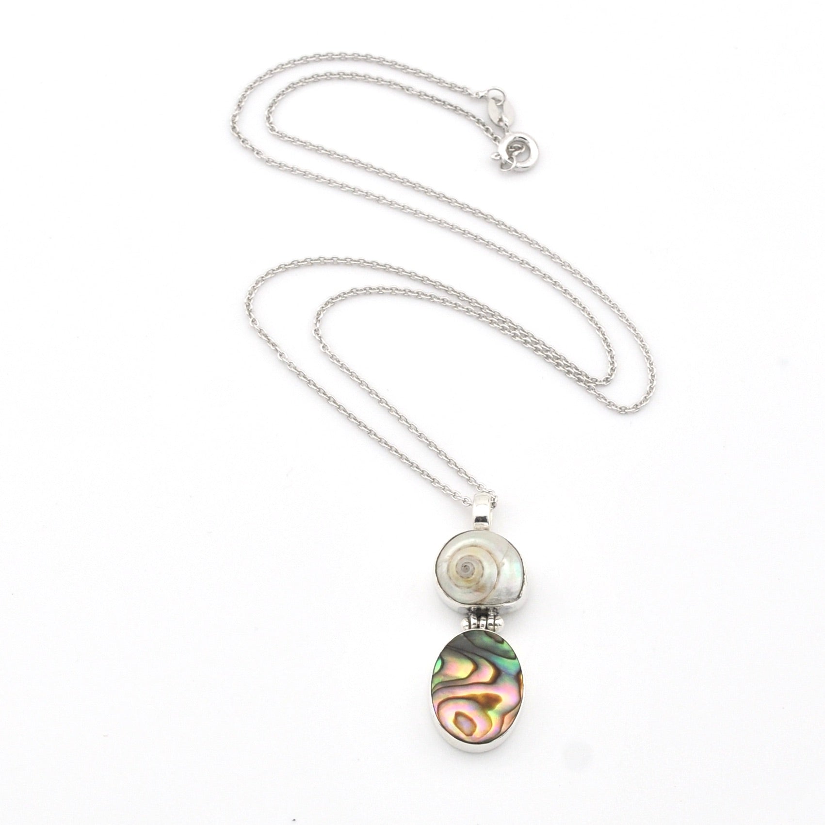 Necklace with a pendant featuring a multicolored stone on a white background