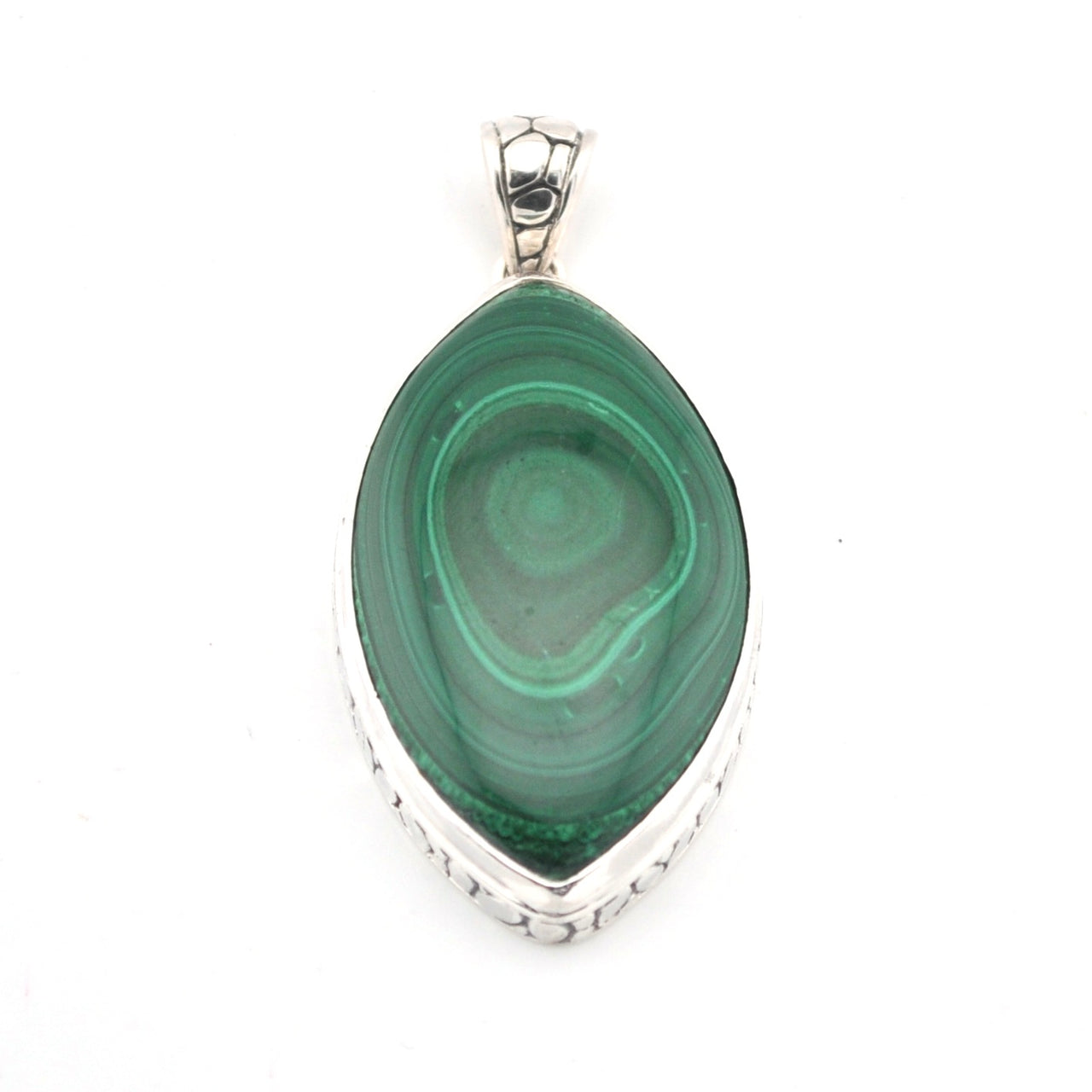Green malachite pendant with silver setting on a white background