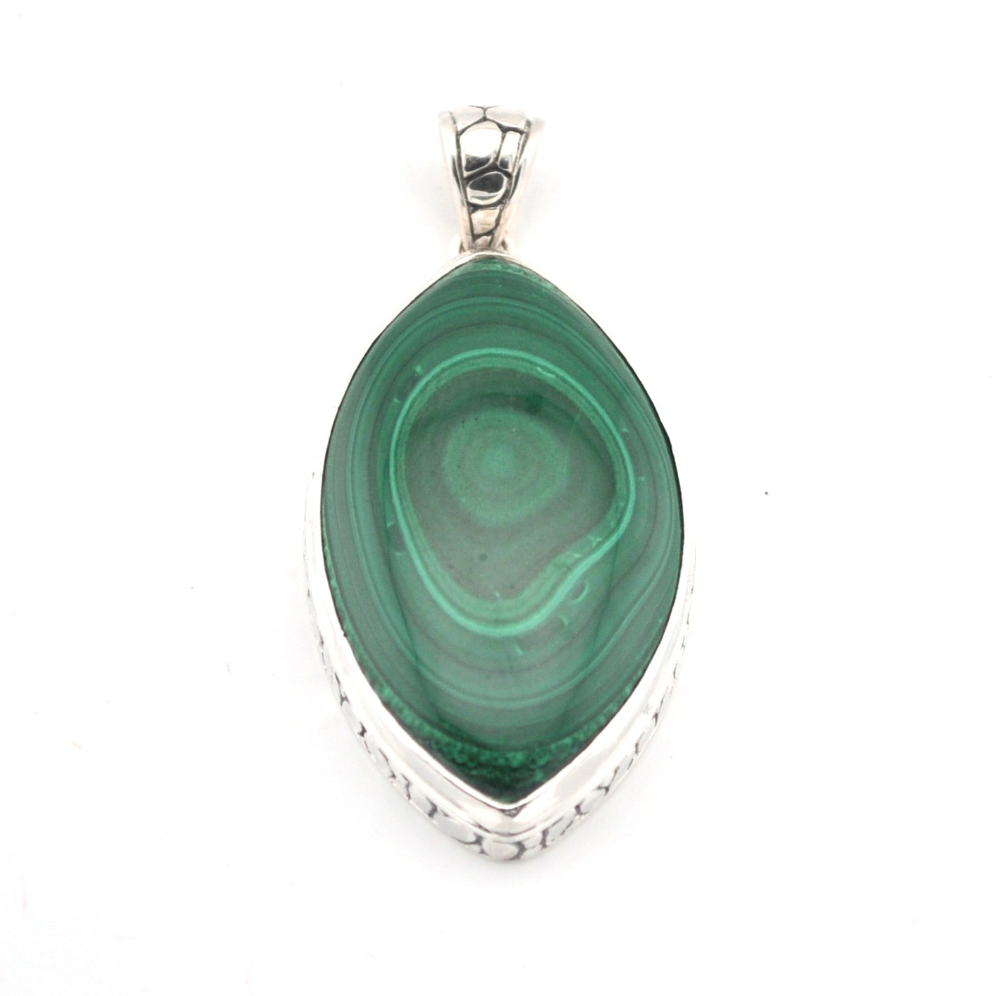 Green malachite pendant with silver setting on a white background