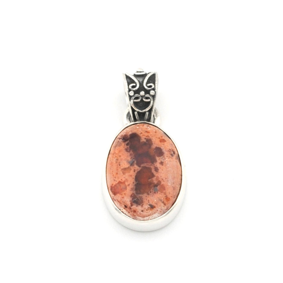 Pendant with an oval stone and silver setting on a white background