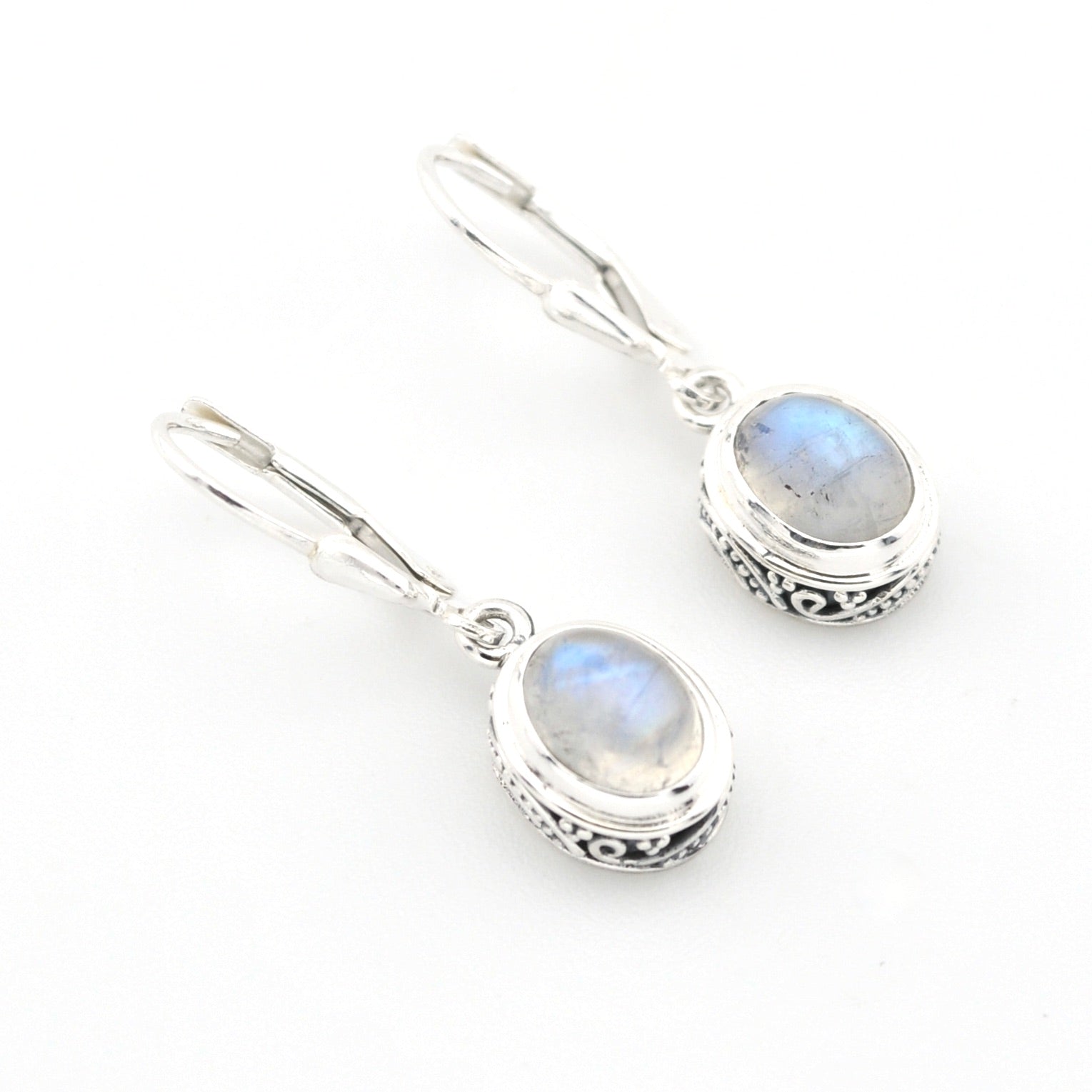 Silver Moonstone 6x8mm Oval Bali Dangle Earrings