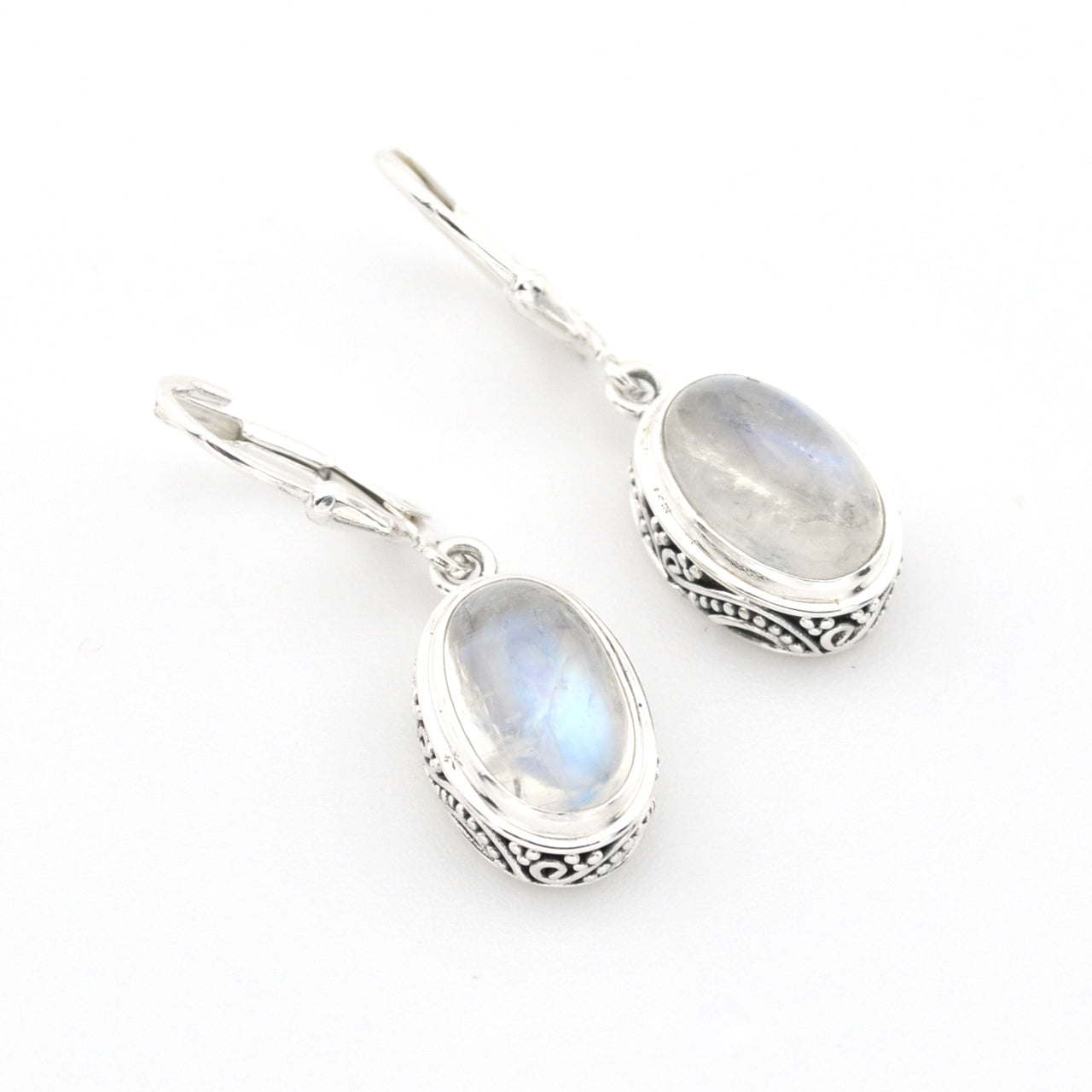Silver Moonstone 8x12mm Oval Bali Dangle Earrings