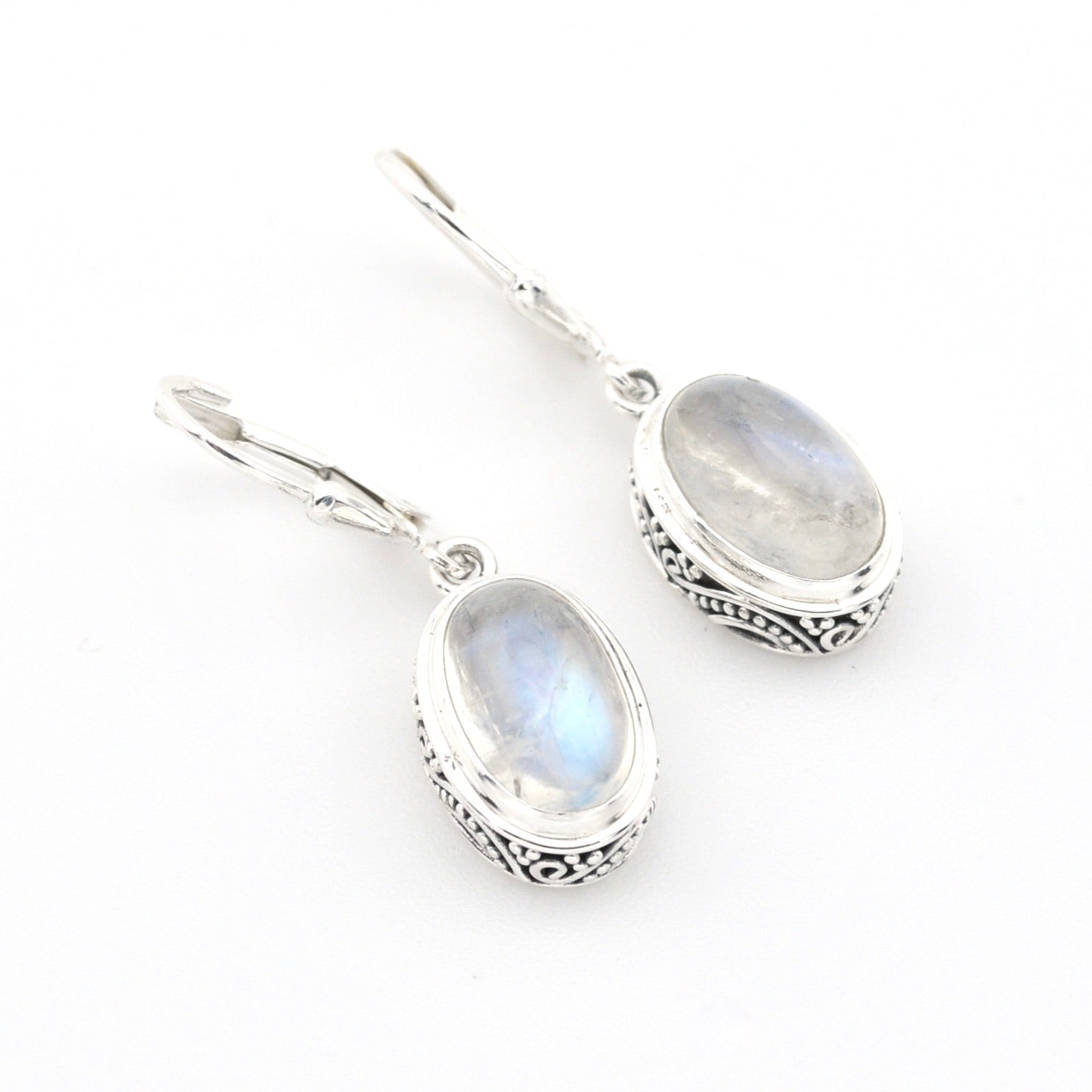 Silver Moonstone 8x12mm Oval Bali Dangle Earrings