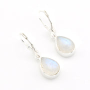 Teardrop-shaped earrings with rainbow moonstone stones on a white background