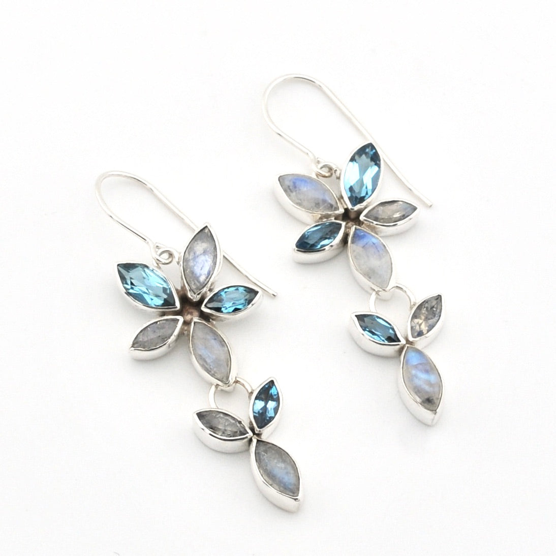 Silver Moonstone Blue Topaz Marquise Earrings on white background