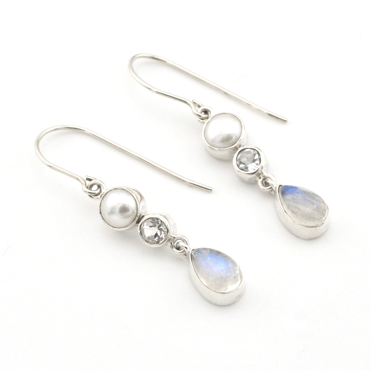 Silver Moonstone White Topaz Pearl Dangle Earring on white background