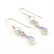 Silver Moonstone White Topaz Pearl Dangle Earring on white background