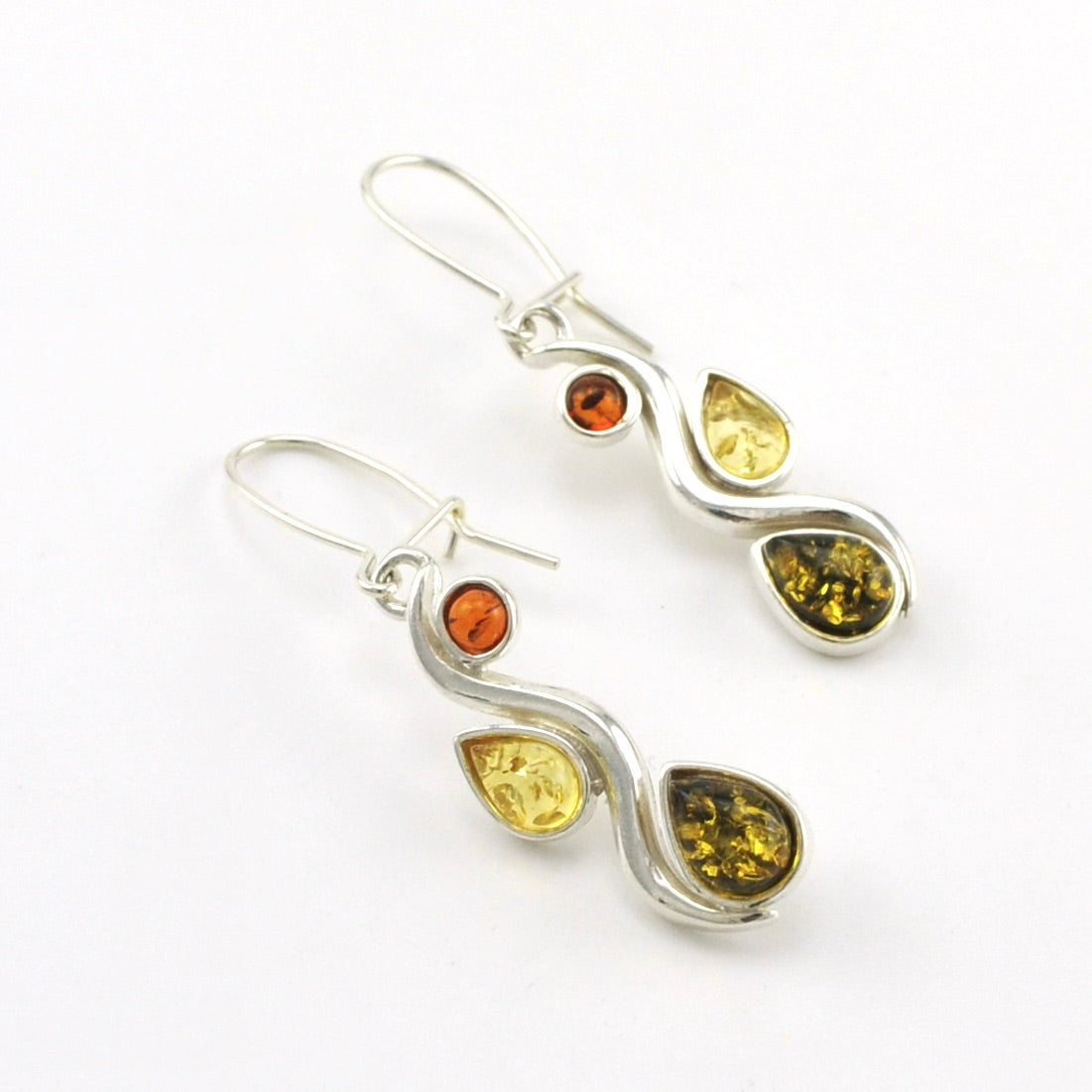 Silver Multi Amber 3 Stone Squiggle Earrings