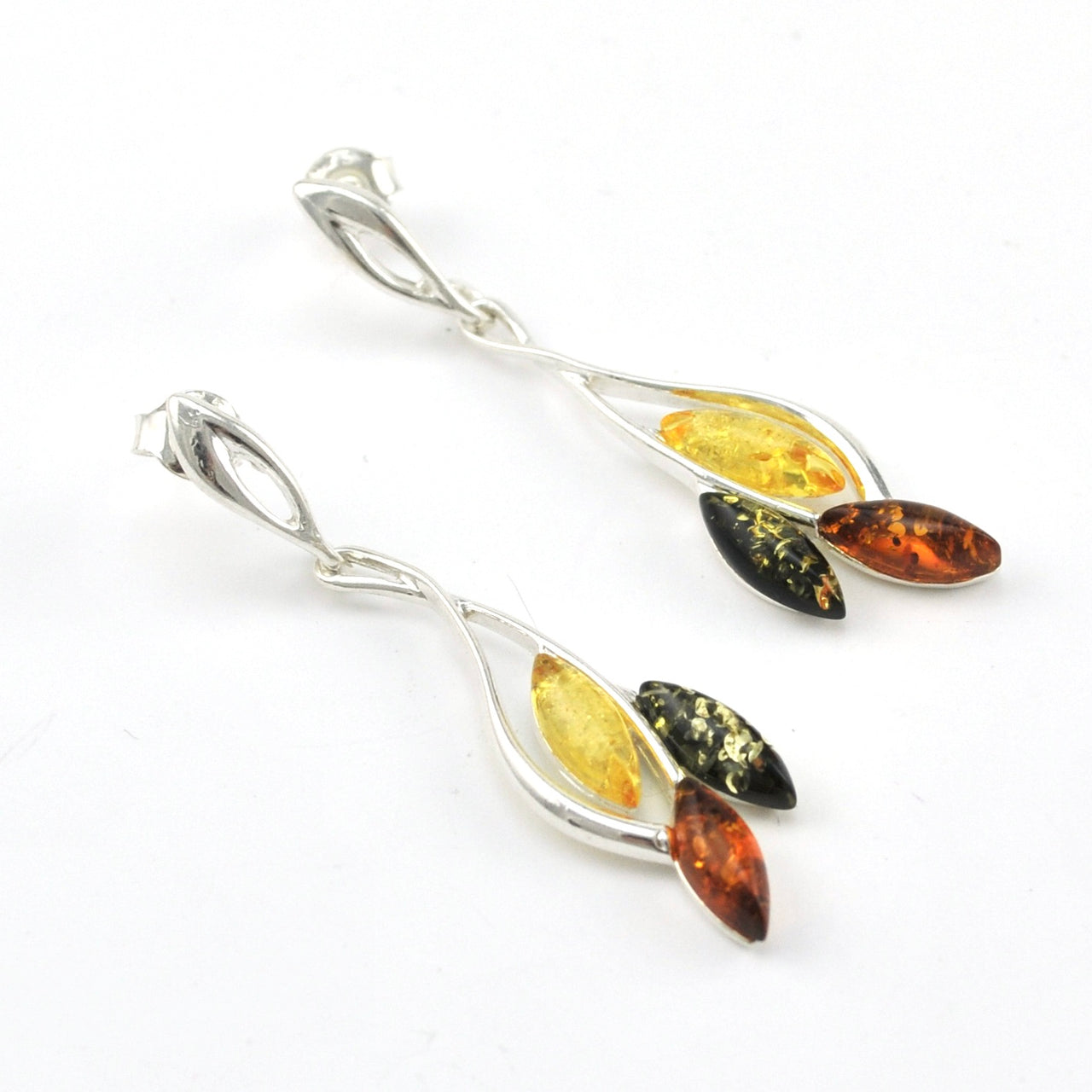 Silver Multi Amber Marquise Dangle Earrings