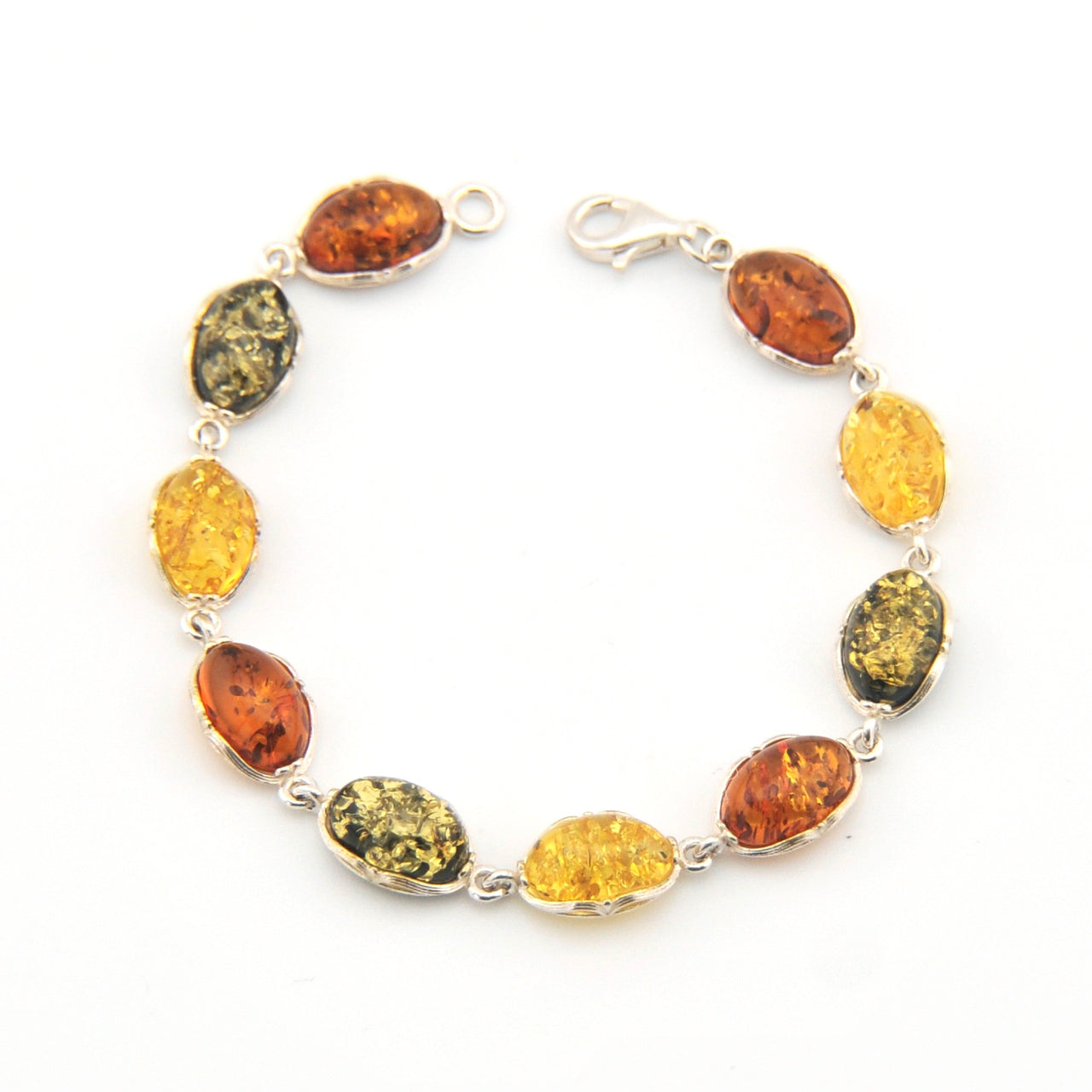 Multicolored amber stone bracelet on a white background