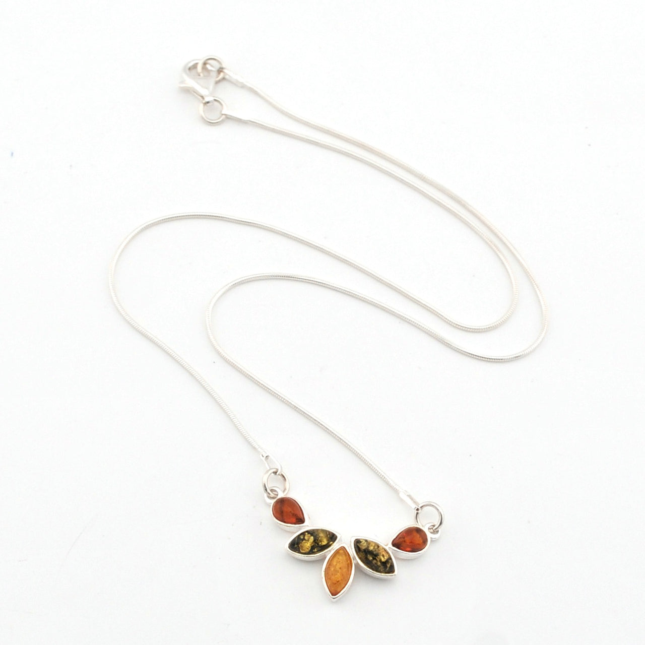 Necklace with leaf-shaped pendant featuring multicolored stones on a white background