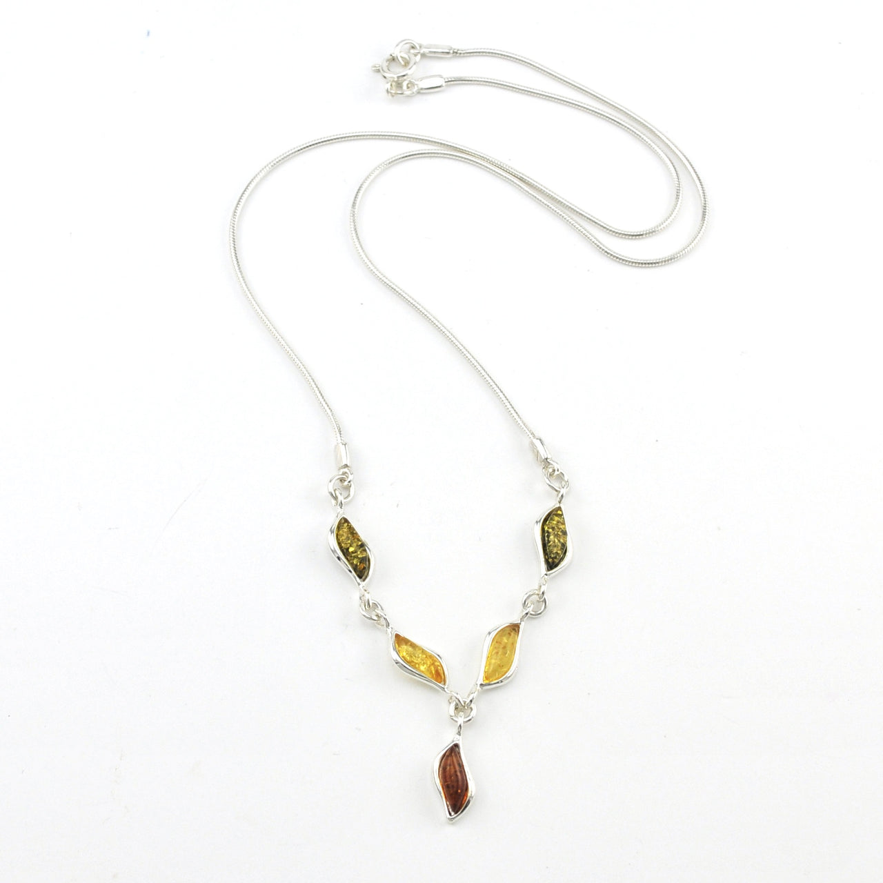 Silver Multicolored Baltic Amber Wavy Marquise Necklace