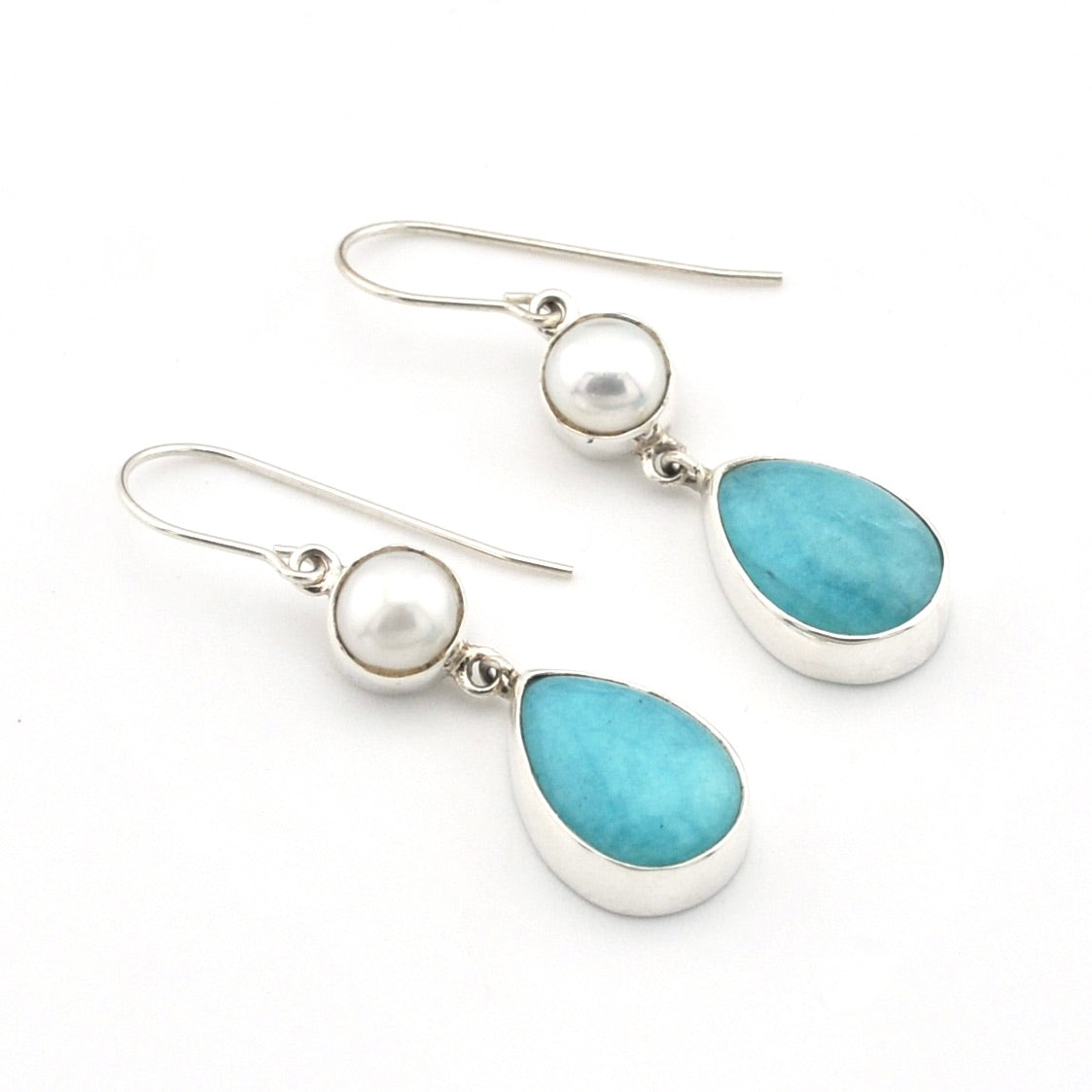 Silver Pearl Amazonite Tear Dangle Earrings on white backfground