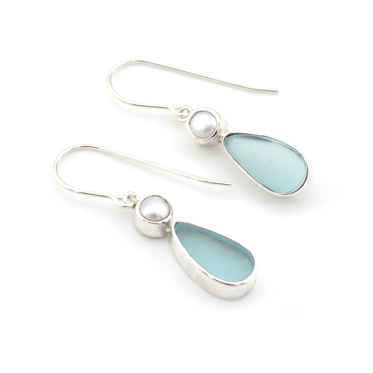 Silver Pearl Aqua Sea Glass Tear Earrings