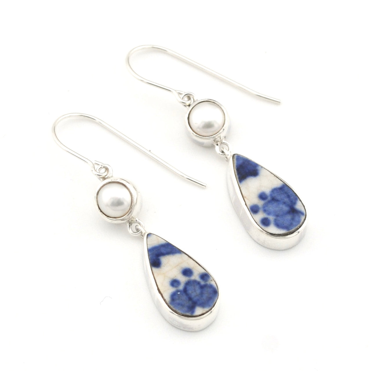 Silver Pearl Blue Vintage Porcelain Dangle Earrings on white background