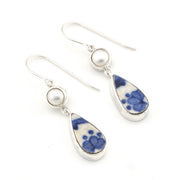 Silver Pearl Blue Vintage Porcelain Dangle Earrings on white background