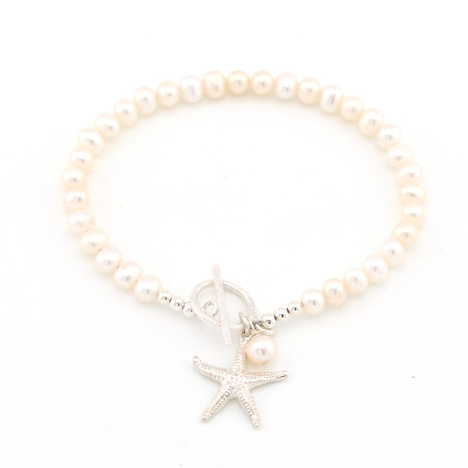Silver Pearl Bracelet with Starfish Charm