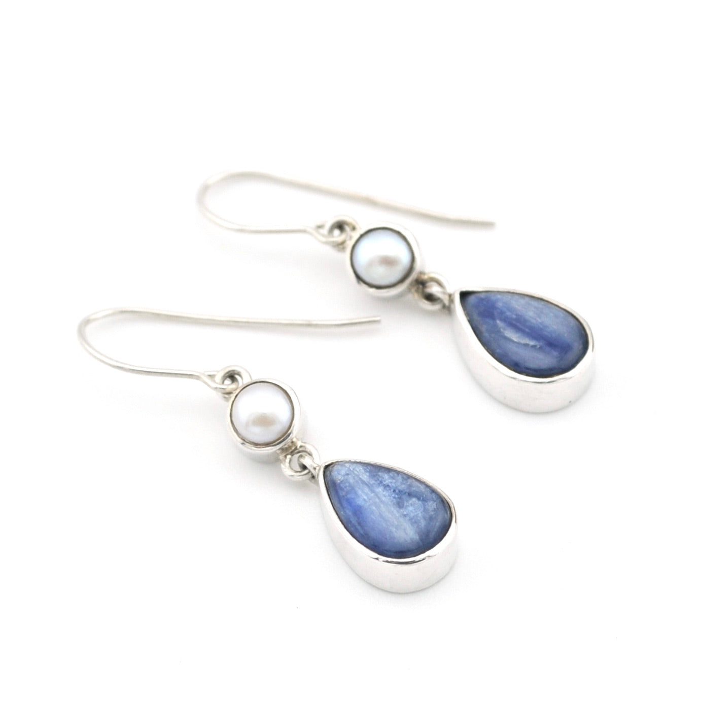 Silver Pearl Kyanite Tear Earrings