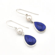 Silver Pearl Lapis Tear Dangle Earrings on white background