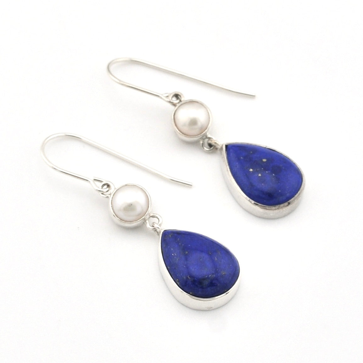 Silver Pearl Lapis Tear Dangle Earrings on white background