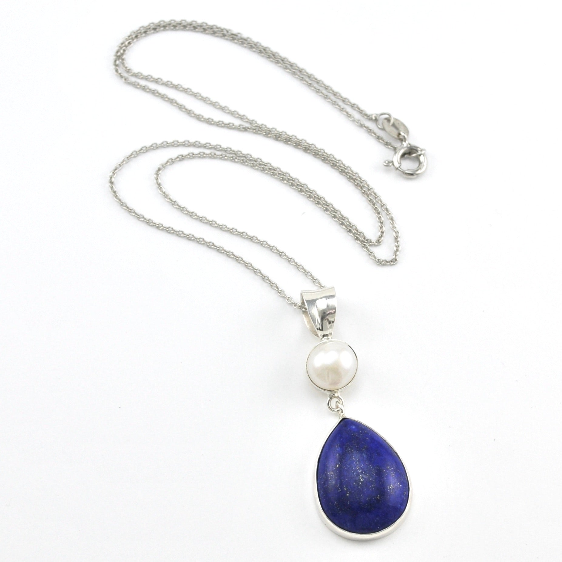 Silver Pearl Lapis Tear Necklace