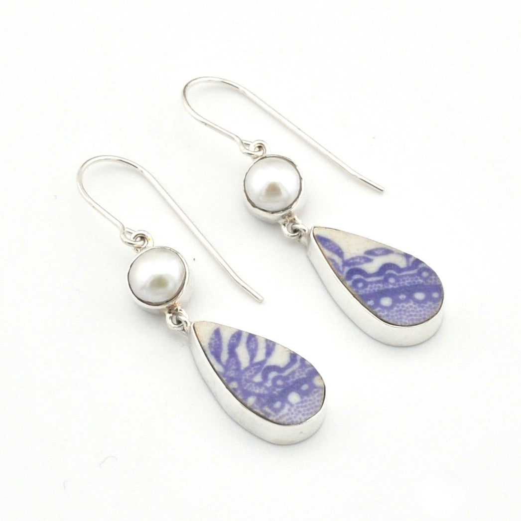 Silver Pearl Lavender Vintage Porcelain Dangle Earrings on white background.
