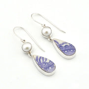 Silver Pearl Lavender Vintage Porcelain Dangle Earrings on white background.