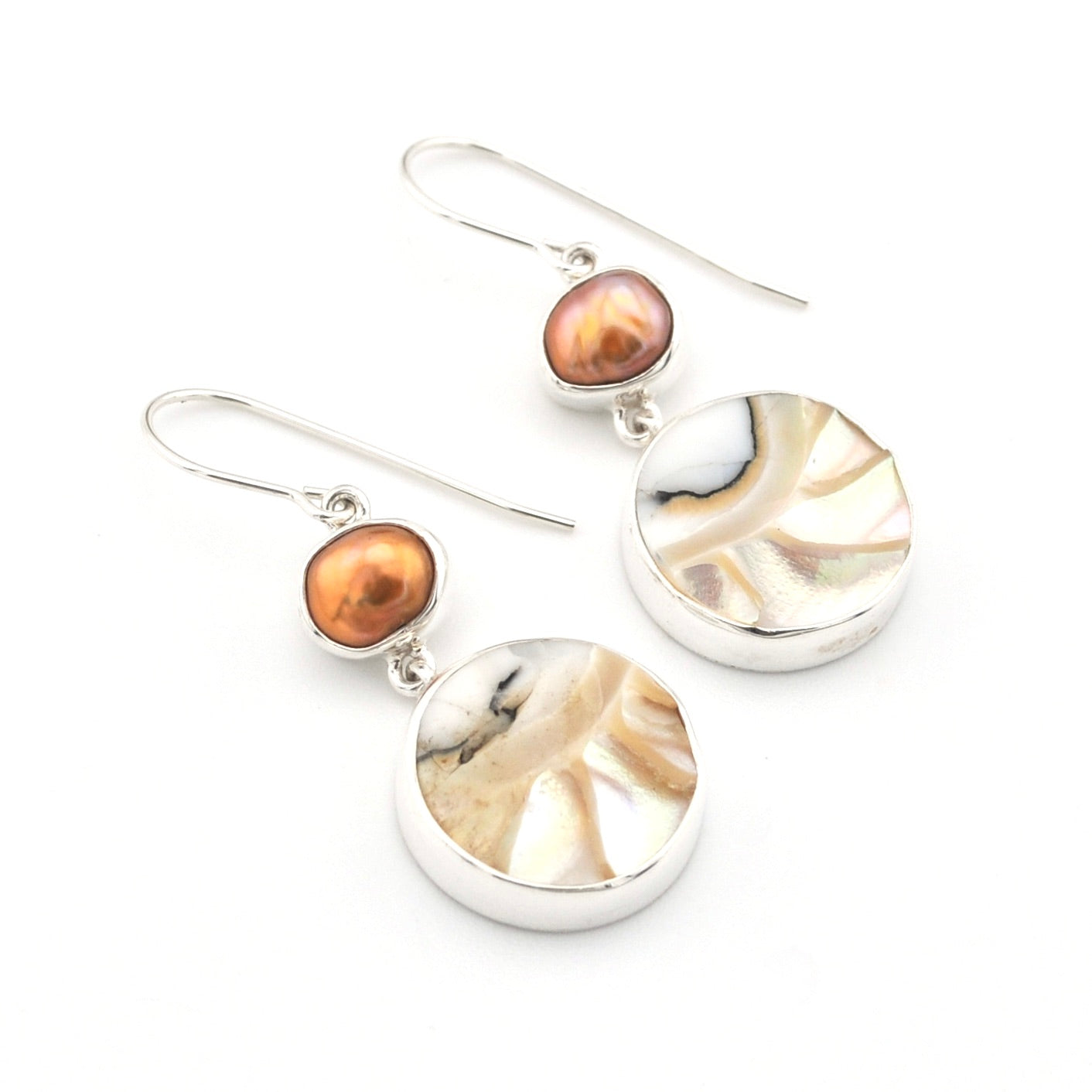 Silver Pearl Nautilus Shell Dangle Earrings on white background