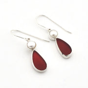 Silver Pearl Red Sea Glass Earrings on white background