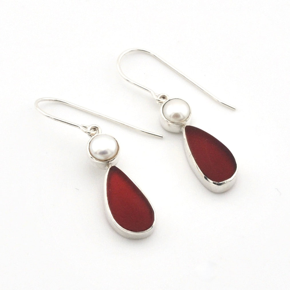 Silver Pearl Red Sea Glass Earrings on white background