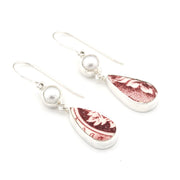 Silver Pearl Red Vintage Porcelain Dangle Earrings on white background