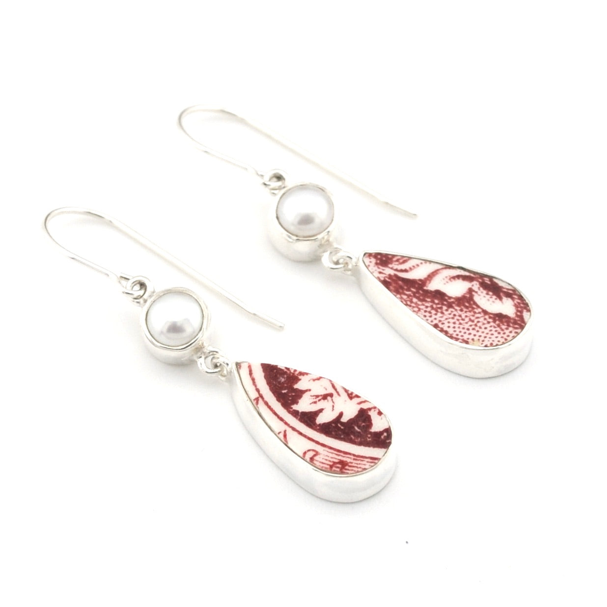 Silver Pearl Red Vintage Porcelain Dangle Earrings on white background