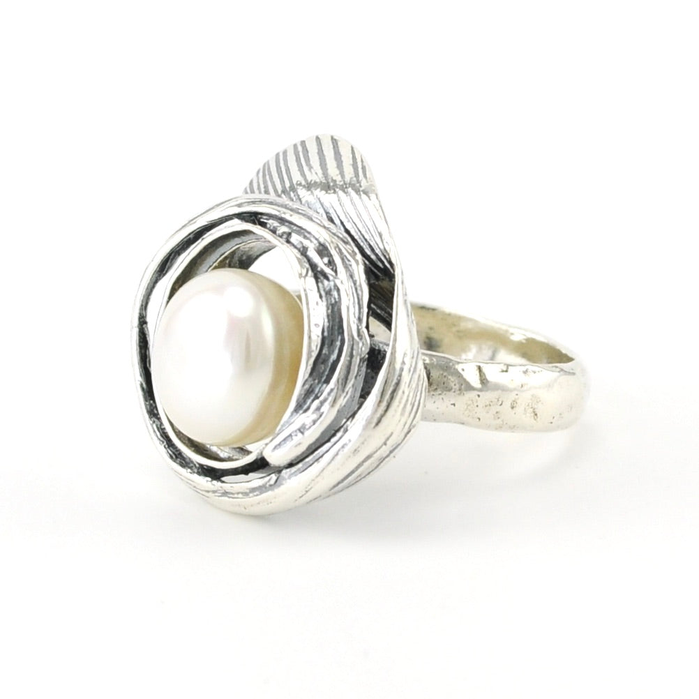 Silver Pearl Ring Swirl Ring