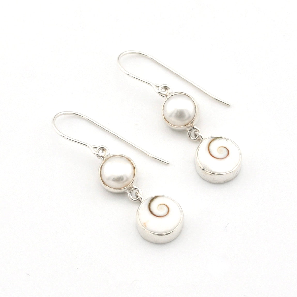 Silver Pearl Shiva Shell Earrings on white background